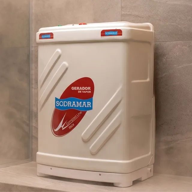 Gerador de vapor Sodramar Compact Line Inox instalado em parede de sauna